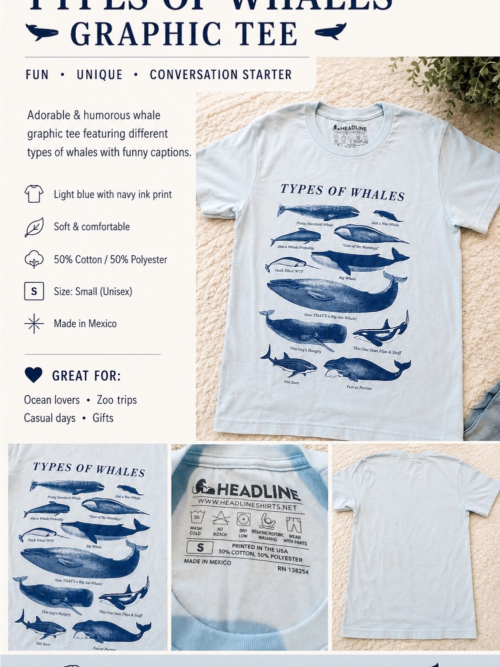 Headline Light Blue "Types of Whales" Graphic Tee